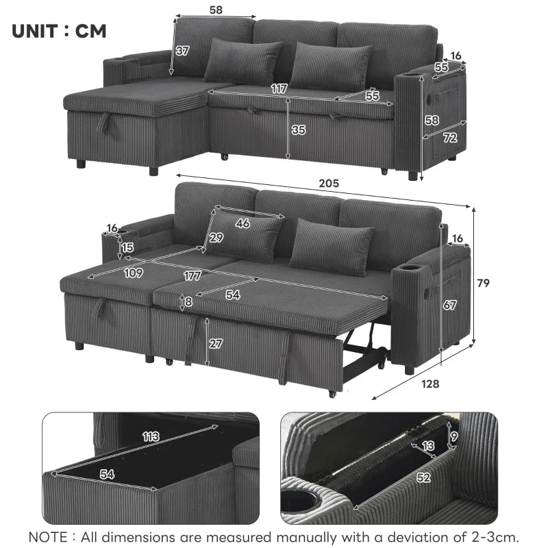 3-in-1 Convertible Corduroy Sofa Bed w/ Chaise & Charger – Grey