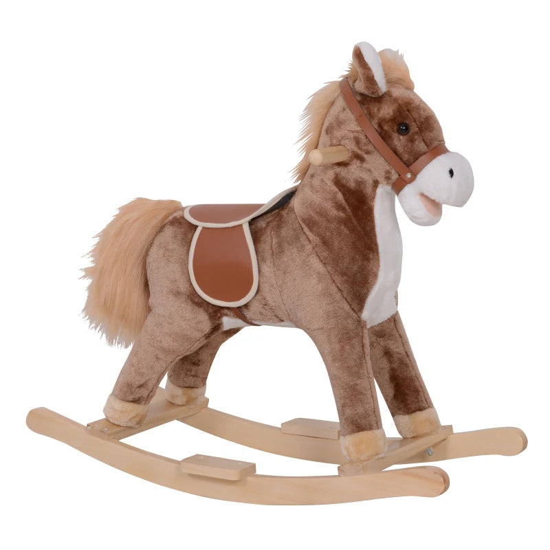 Brown & White Plush Rocking Horse Ride-On with Wooden Base and Handle for Ages 3+