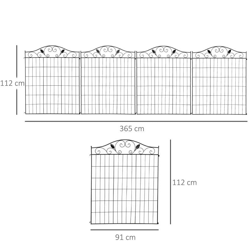 Metal Garden Fence Set of 2 with Decorative Picket Panels for Patio & Lawn, Black, 365x112cm