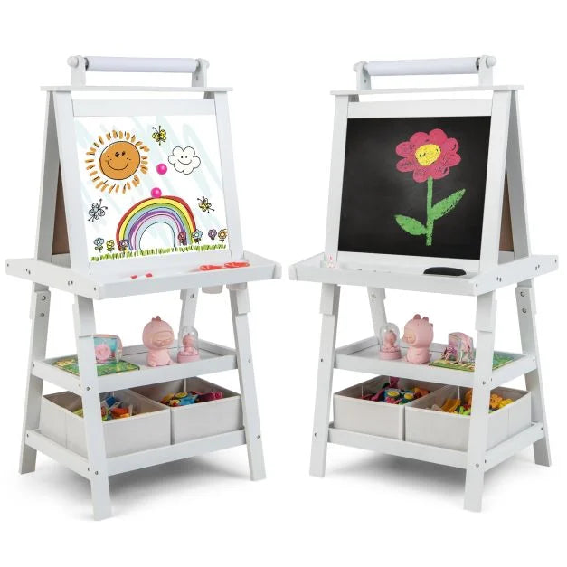 Kids Double-Sided Art Easel with Built-In Paper Roll for Creative Play