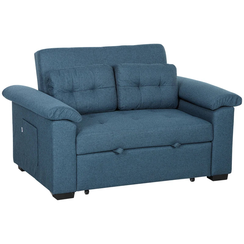 Pull-Out Sofa Bed – Blue 2-Seater Click-Clack Couch with Pillows & Storage