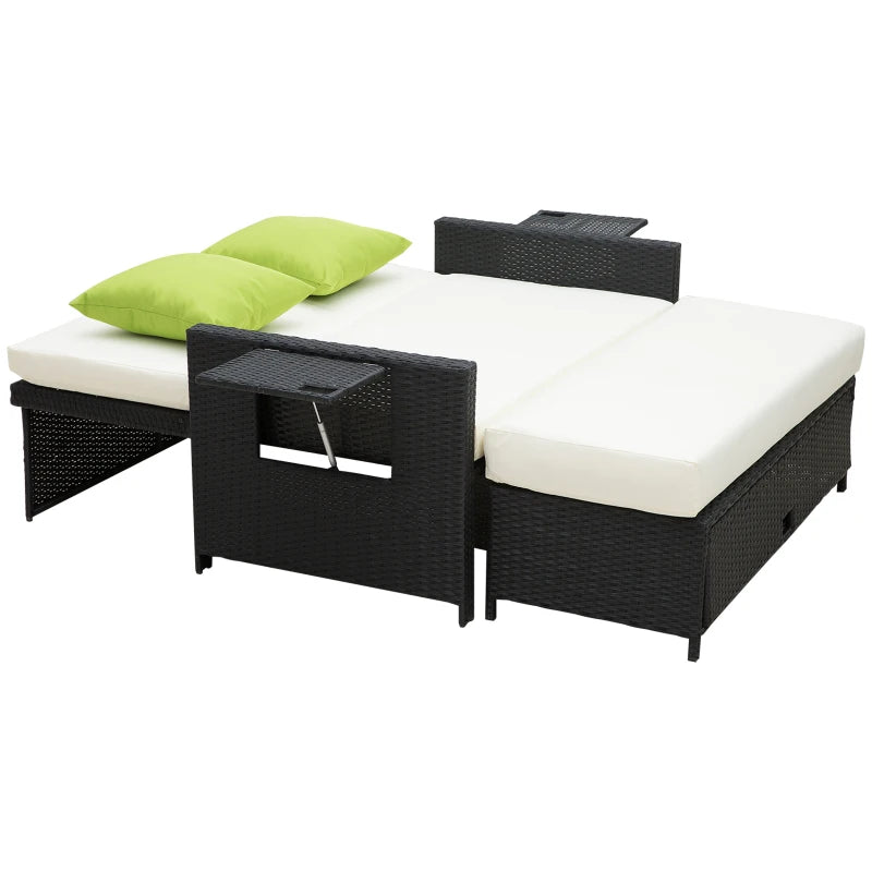 2-Seater Rattan Sun Lounger Sofa Bed with Cushions Black Outdoor Patio Furniture