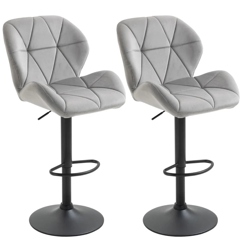 Adjustable Bar Stools Set, 2 Light Grey Swivel Chairs with Back/Footrest