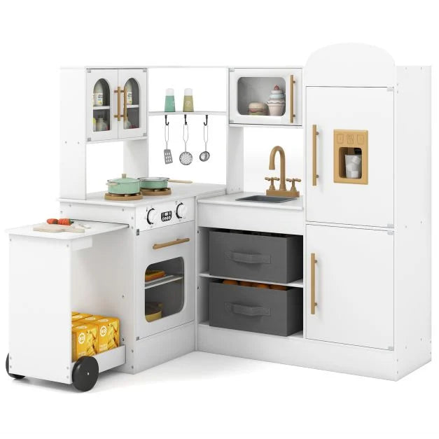 Pretend Play Corner Kitchen for Kids with Pull-Out Cart & Fabric Bins