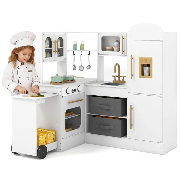 Pretend Play Corner Kitchen for Kids with Pull-Out Cart & Fabric Bins
