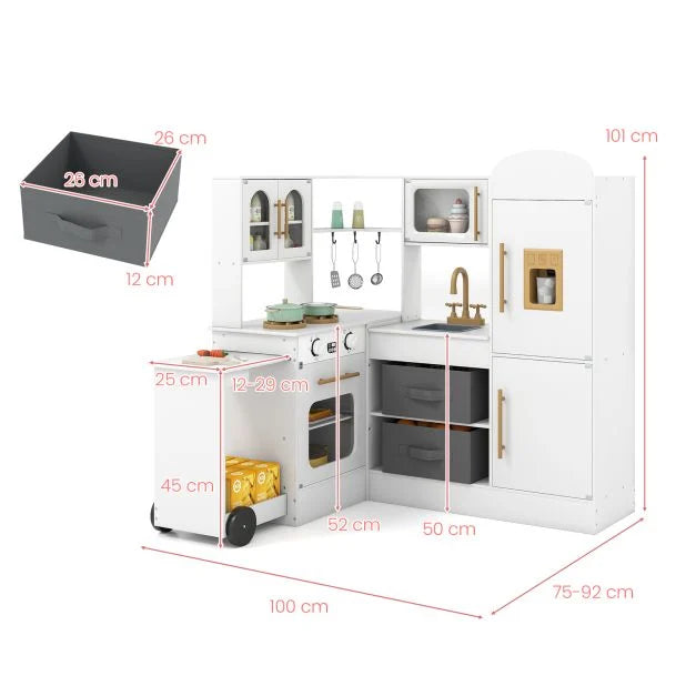 Pretend Play Corner Kitchen for Kids with Pull-Out Cart & Fabric Bins