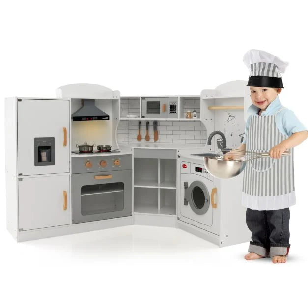 Corner Wooden Play Kitchen – Realistic Sounds & Lights