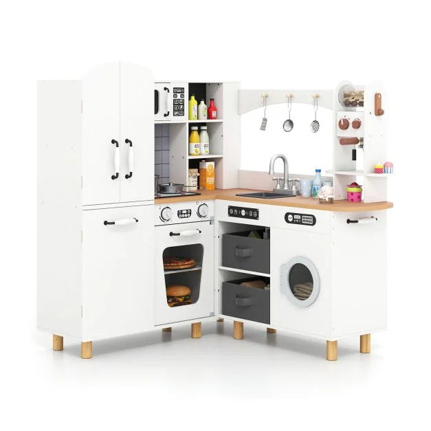 Wooden Kids Corner Kitchen Set with Pine Legs, Realistic Lights & Sounds