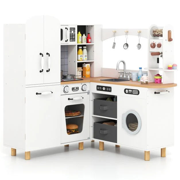 Wooden Kids Corner Kitchen Set with Pine Legs, Realistic Lights & Sounds