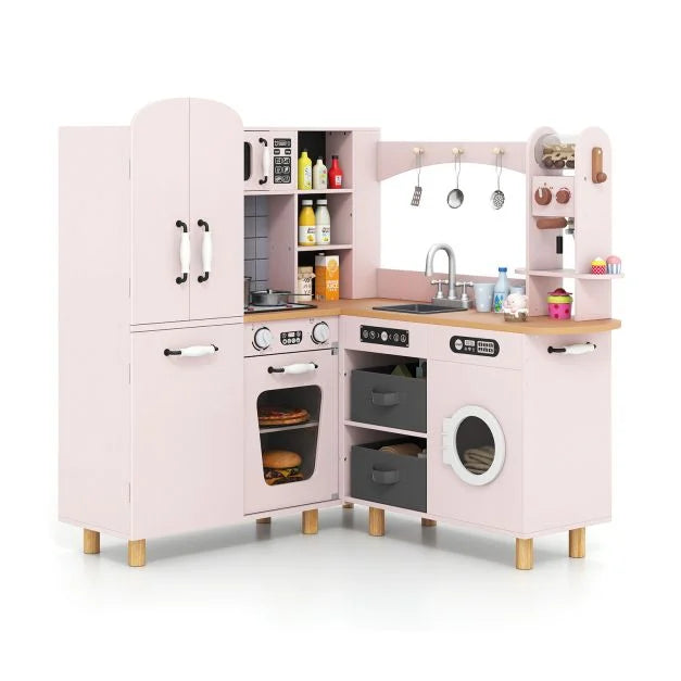 Wooden Kids Corner Kitchen Set with Pine Legs, Realistic Lights & Sounds