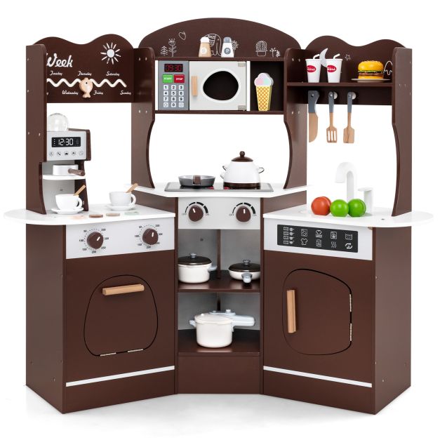 Wooden Kids Corner Kitchen Playset with Coffee Maker, Slide & Microwave