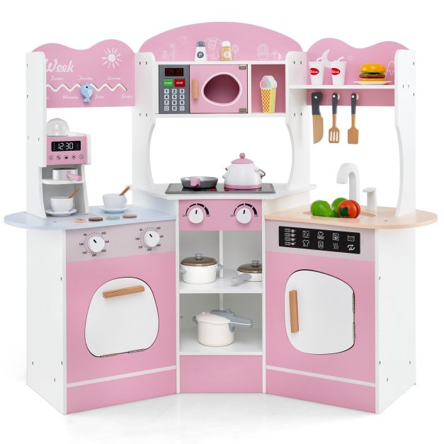 Wooden Kids Corner Kitchen Playset with Coffee Maker, Slide & Microwave