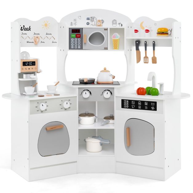 Wooden Kids Corner Kitchen Playset with Coffee Maker, Slide & Microwave