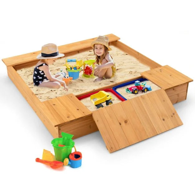 Kids Wooden Sandbox with Cover, 2 Storage Boxes, and Bottomless Design