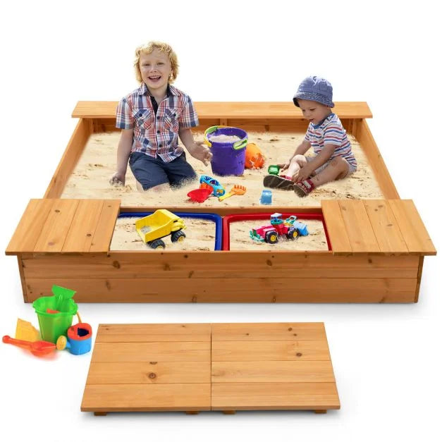 Kids Wooden Sandbox with Cover, 2 Storage Boxes, and Bottomless Design