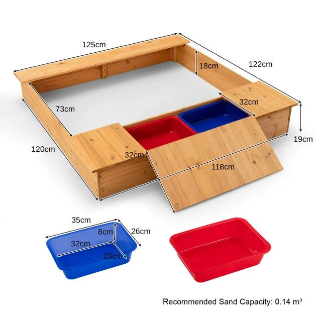 Kids Wooden Sandbox with Cover, 2 Storage Boxes, and Bottomless Design