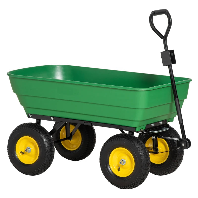 Heavy Duty 4-Wheel Garden Cart Trolley – Large Capacity Dump Wheelbarrow Trailer, Green