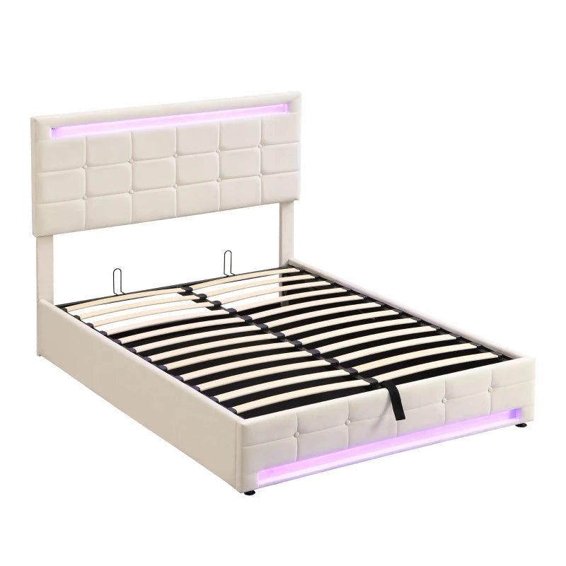 Double Bed with Velvet Upholstery, Storage & LED Remote Light – Beige