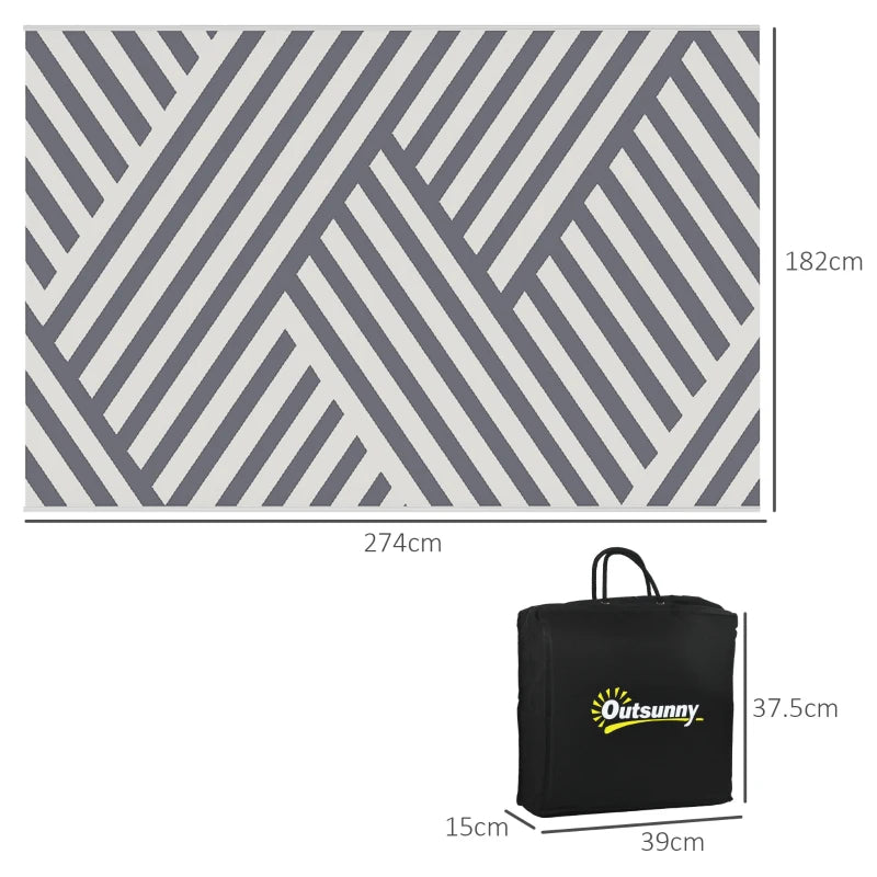 Grey & Cream Reversible Outdoor Rug – 182x274cm Plastic Straw Mat with Carry Bag