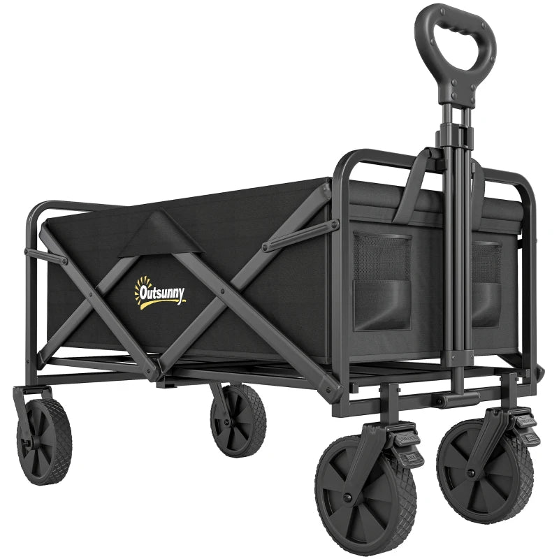 Folding Steel Garden Storage Cart with Wheels and Handle – Black Outdoor Utility Wagon