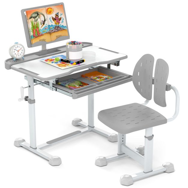 Adjustable Kids’ Study Desk and Chair Set with Tilting Desktop & Footrest Bar