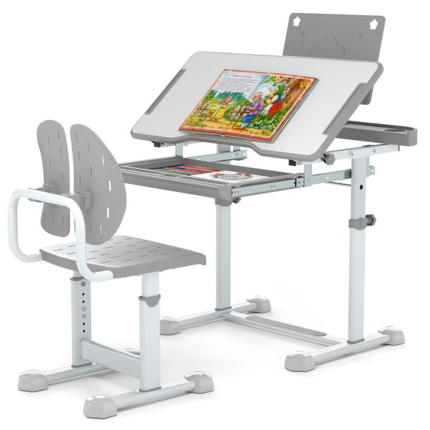 Adjustable Kids’ Study Desk and Chair Set with Tilting Desktop & Footrest Bar