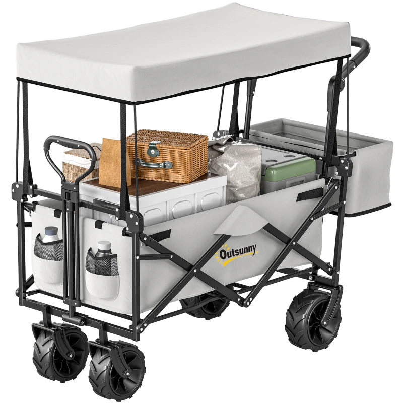 4-Wheel Folding Storage Wagon with Handle and Canopy, Ideal for Camping and Beach, Grey