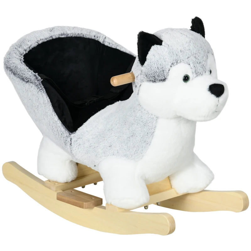 Toddler Rocking Horse in Grey Husky Plush with Sounds and Seatbelt, Ages 18-36 Months