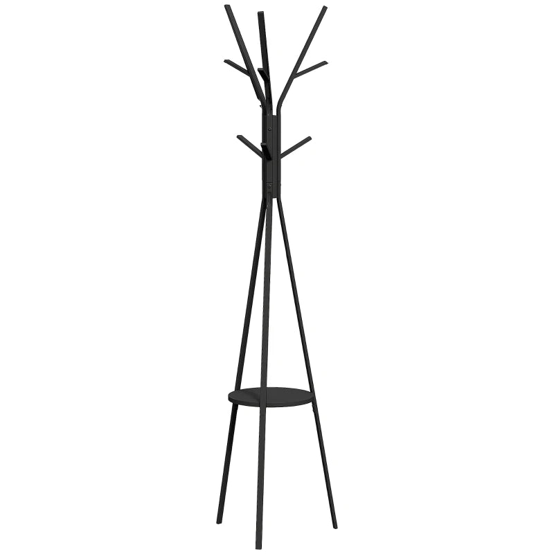 Freestanding Coat Rack with 9 Hooks & Shelf – Metal Hall Tree, Black