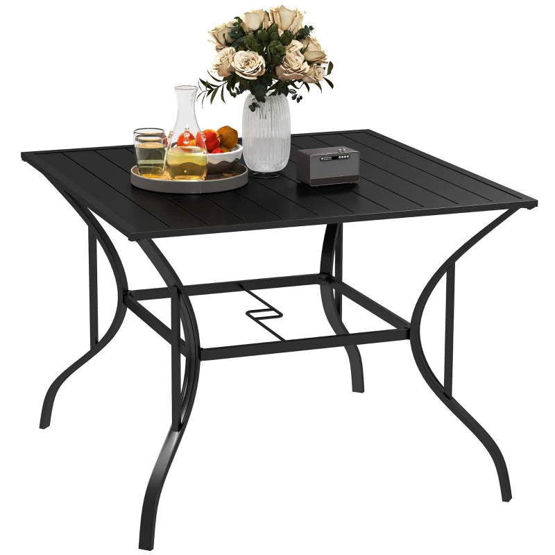 Outdoor Garden Table for Four with Parasol Hole, Black Slatted Metal Top, 94x94cm