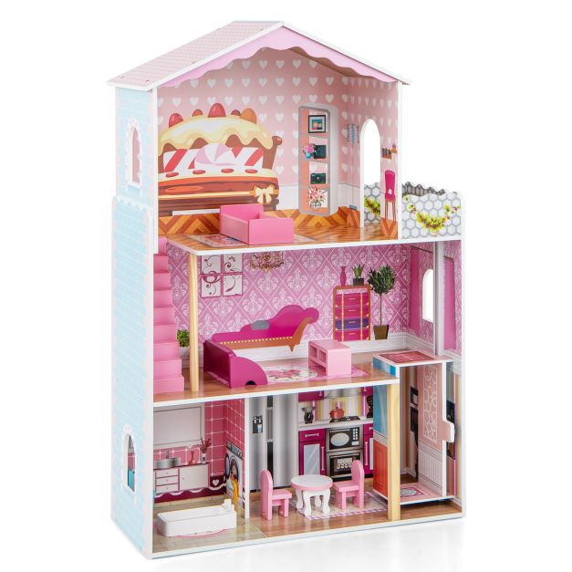 3-Story Pretend Wooden Dollhouse with Realistic Rooms and Furniture Set