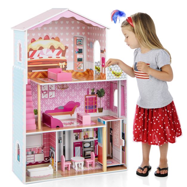 3-Story Pretend Wooden Dollhouse with Realistic Rooms and Furniture Set