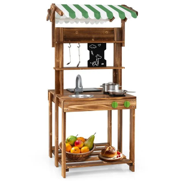Double-Sided Kids Mud Kitchen BBQ Set with Wooden Canopy