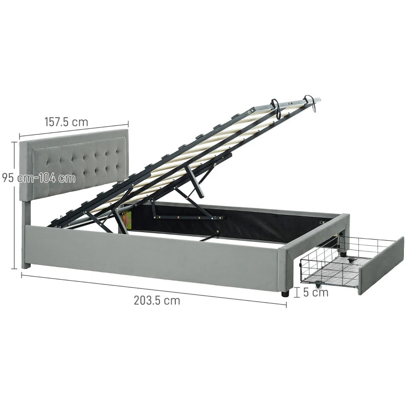 Grey Ottoman Bed Frame Double, 140W x 193.5D x 95H cm, Front Drawer