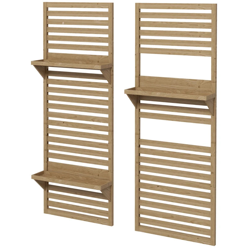 Wall Mounted Flower Stands Set of 2 – Fir Wood Shelves with Slatted Trellis for Balcony