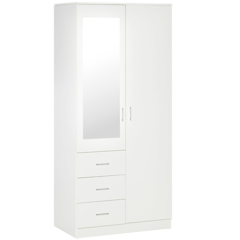 White Wardrobe with Mirror, Hanging Rail, 3 Drawers & Adjustable Shelves
