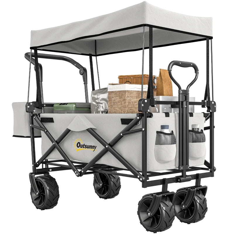 4-Wheel Folding Storage Wagon with Handle and Canopy, Ideal for Camping and Beach, Grey
