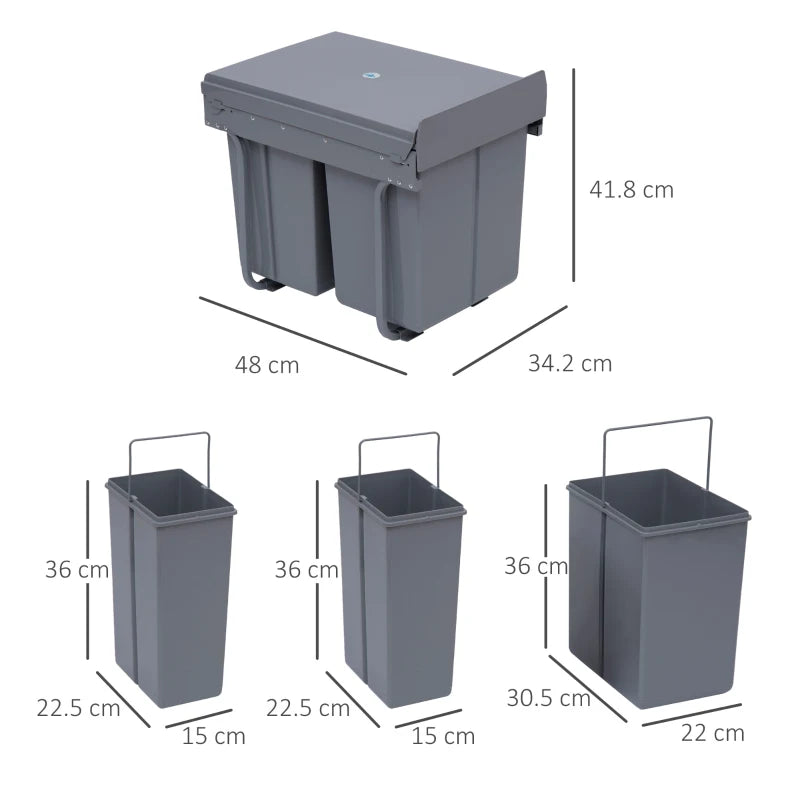 Grey Pull-Out Waste Bin Cabinet, 40L Recycling Bin (1x20L+2x10L)