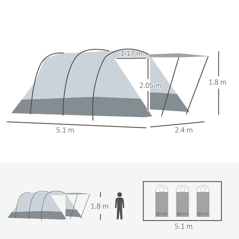 Grey Tunnel Tent – 6-8 Person Waterproof Tent with Multiple Doors & Carry Bag