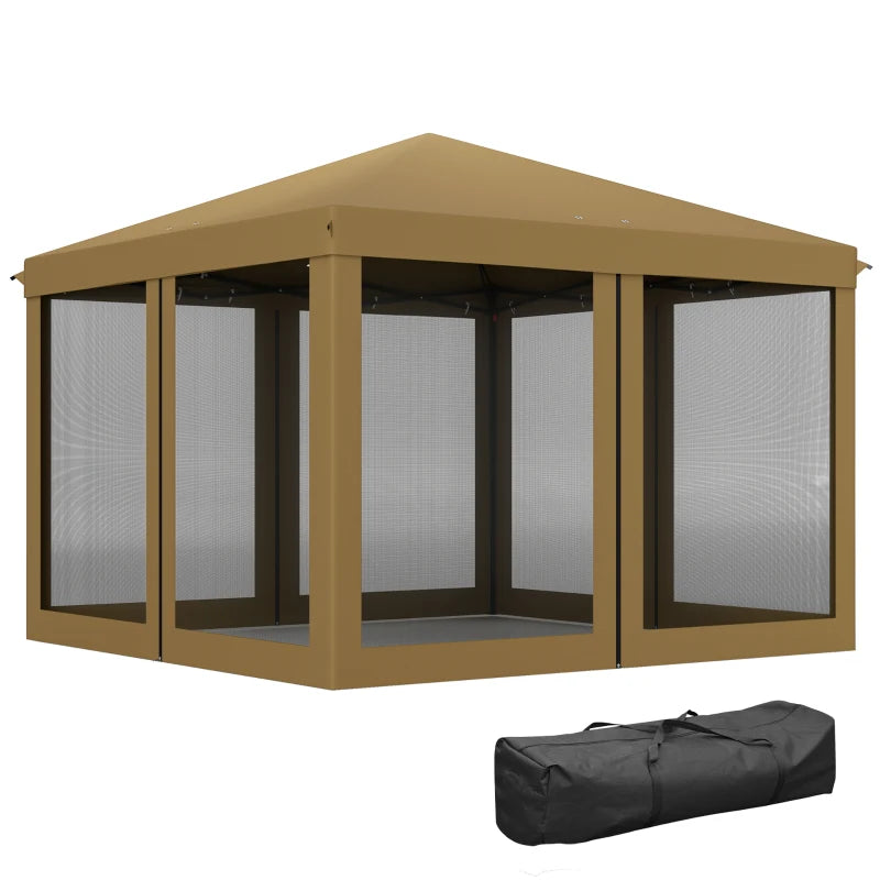 Khaki Garden Tent Canopy with Removable Mesh Sidewall and Carry Bag, 3 x 3m Pop Up Gazebo