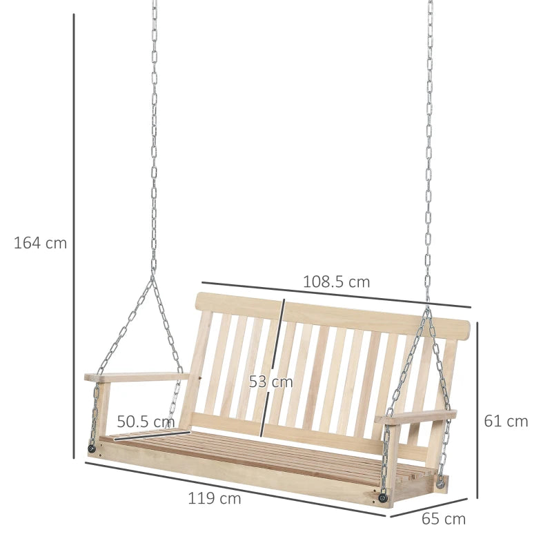 Outdoor Wooden Swing Bench 2-Seater Hanging Porch Chair for Garden, Natural Finish