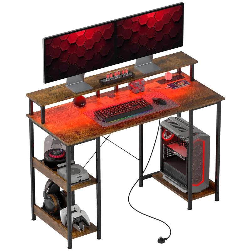 LED Workstation Desk – Rustic Brown with Shelves & Power Ports