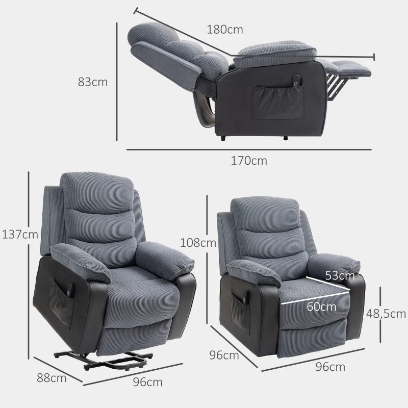 Electric Lift Chair, Overstuffed Corduroy, Dark Grey Comfort Recliner