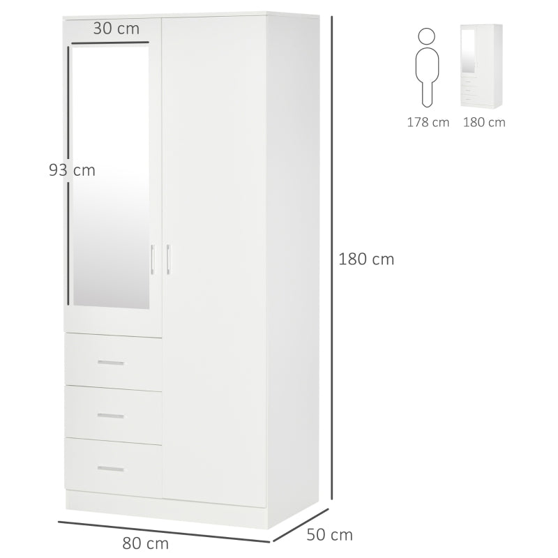 White Wardrobe with Mirror, Hanging Rail, 3 Drawers & Adjustable Shelves