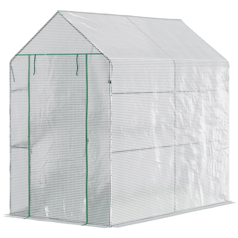 Walk-In Garden Polytunnel 6x4x6ft with Roll-Up Door and Double Shelves, White Frame