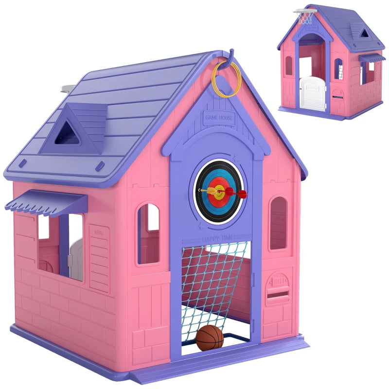 Indoor Outdoor 5-in-1 Pink Playhouse with Basketball, Football & Games for Ages 2-5