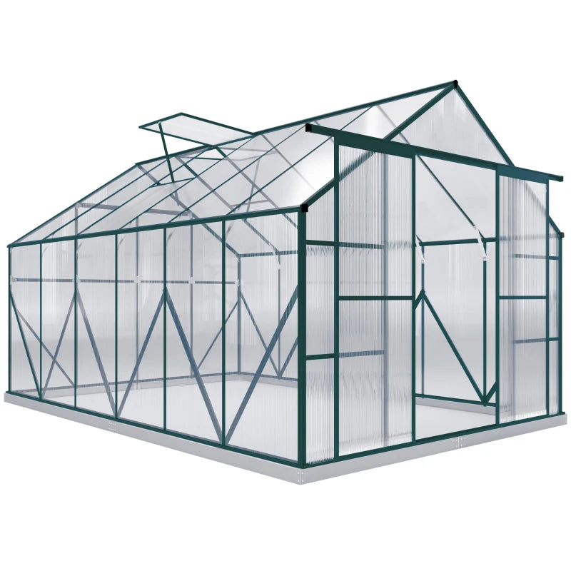Aluminium Polycarbonate Walk-In Garden Greenhouse with Vent, Sliding Doors & Gutter, Clear, 8x12ft