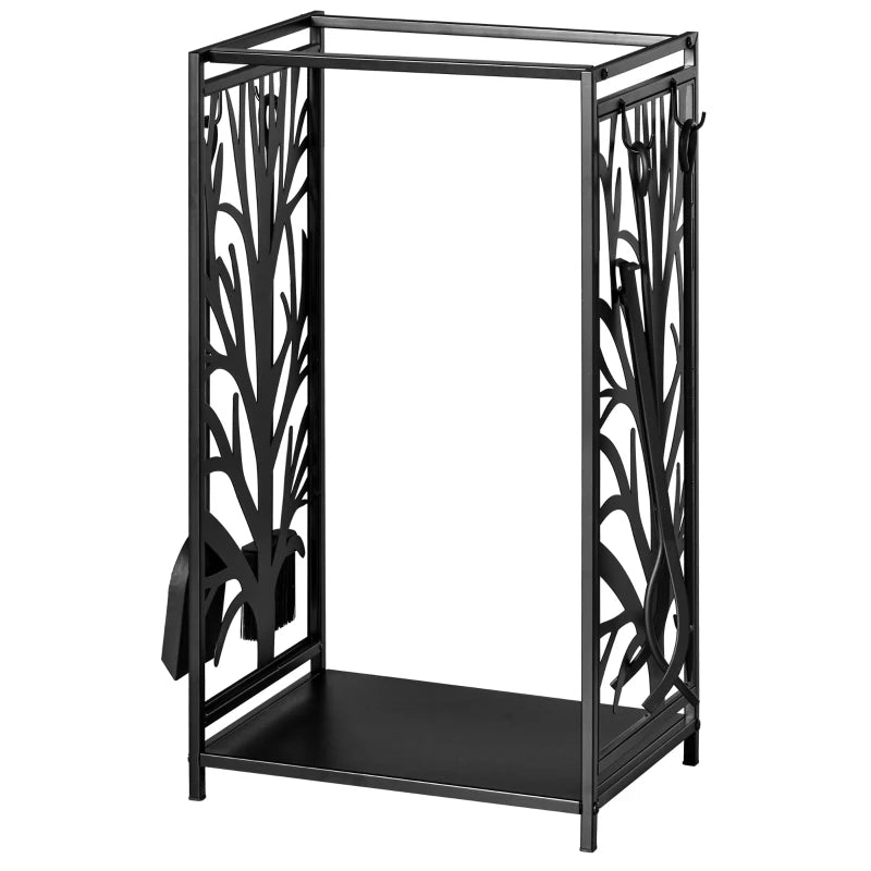 Steel Firewood Storage Rack with Tool Set – Indoor Outdoor Use, Tree Design