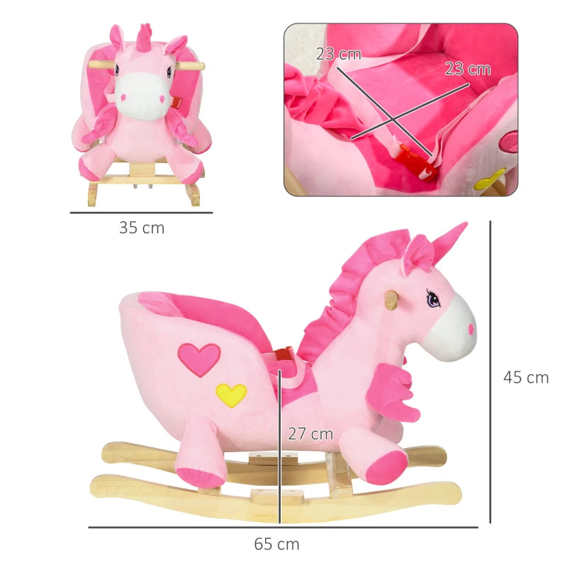 Unicorn Ride-On Rocking Horse with Songs, Seatbelt & Wooden Base for Toddlers, Pink