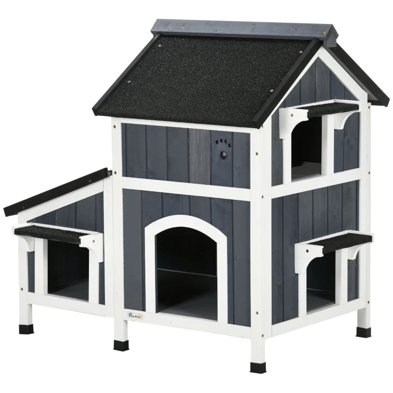 Wooden Cat House with Flower Pot, Windows & Waterproof Roof – Grey